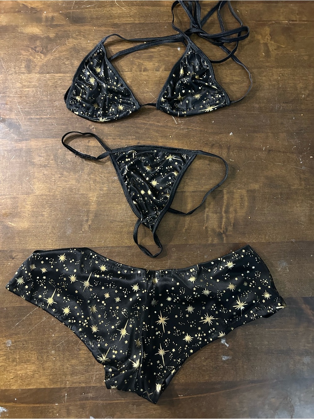 NWOT Skimpy 3pc Celestial Stars Tri-Top G-String Bottom & Booty Shorts Bikini